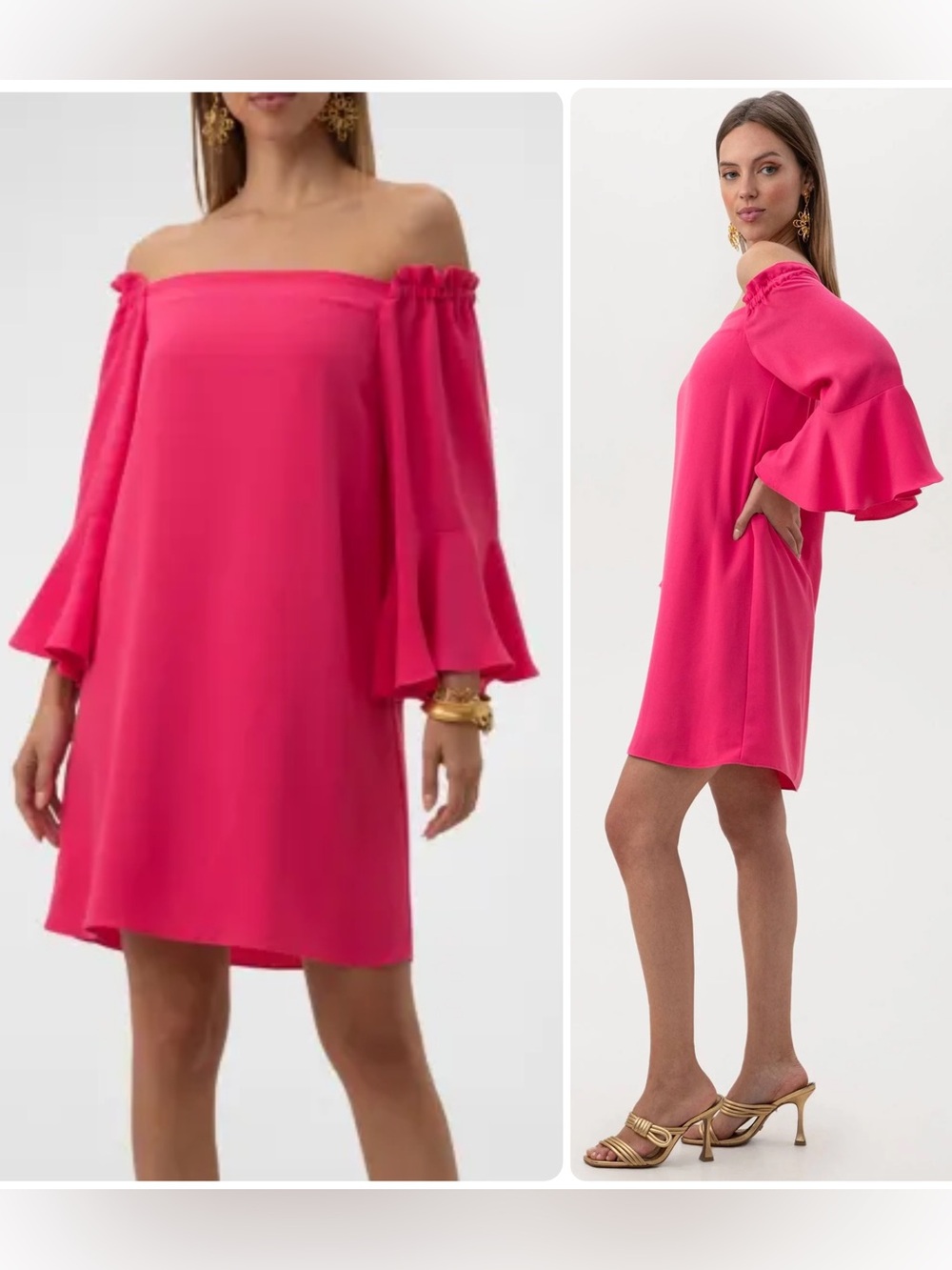 Trina Turk Hot Pink Off-Shoulder Ruffle Sleeve Elastic Neckline Dress NWT $258